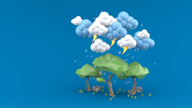 La pluie tombe sur un grand arbre bleu. Rendu 3D