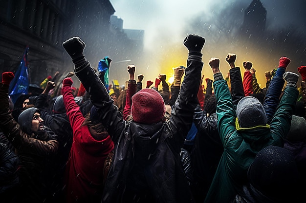 La pluie tombe sur un groupe de manifestants.