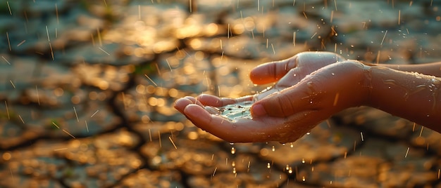 La pluie tombe sur un paysage desséché et fissuré et la main d'un enfant était enjouée par l'eau de pluie qui tombait après longtemps et l'espace IA générative