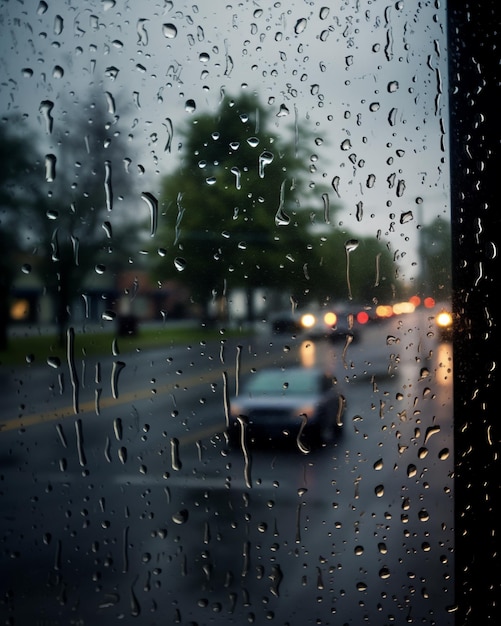 pluie torrentielle Regarder par la fenêtre d'une voiture sur des trottoirs très flous AI Generative