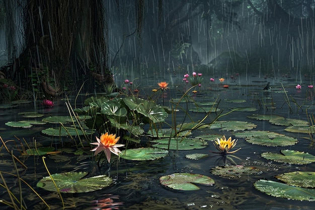 Pluie tropicale la nuit dans la forêt de jungle avec marais