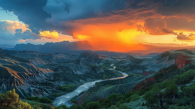 Photo des pluies qui passent au-dessus d'une chaîne de montagnes