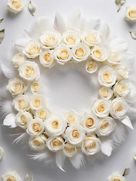 Une plume blanche délicatement placée au centre d'un arrangement circulaire de roses blanches
