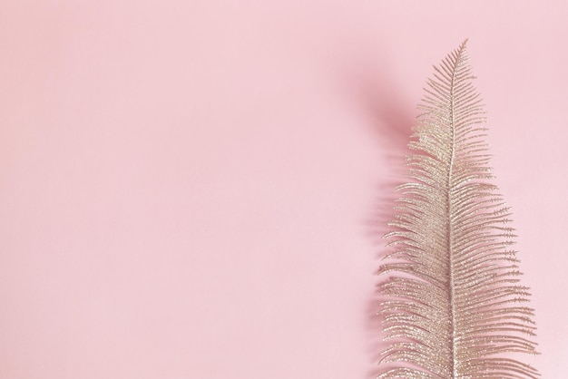 Une plume dorée sur fond rose clair Concept de couleur pastel minimaliste Espace de copie plat