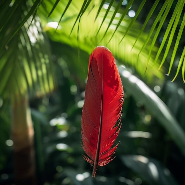 Une plume d'oiseau rouge pend dans l'air sur un fond de feuillage vert d'une composition inhabituelle