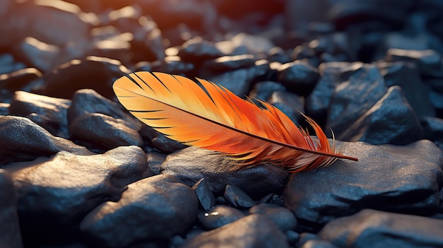 Une plume solitaire repose doucement sur un monticule de rochers