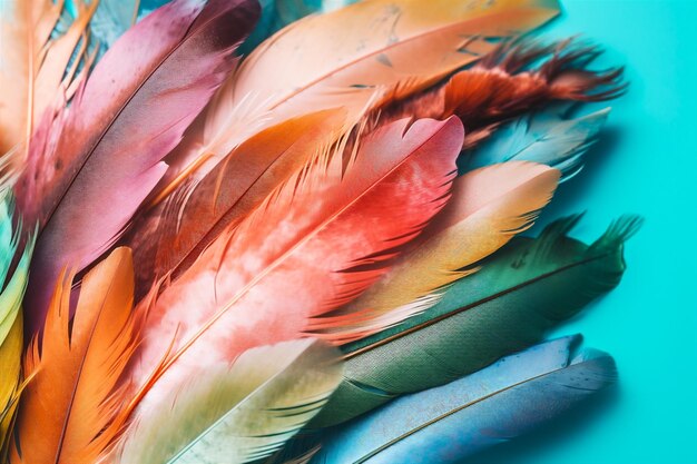 Photo plumes douces colorées sur fond bleu pastel généré par l'ia