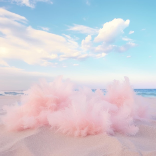 Des plumes moelleuses roses sur la plage avec un ciel bleu et des nuages