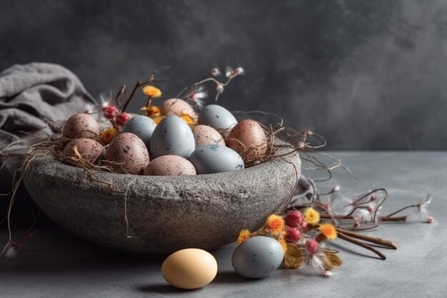 Plumes d'oeufs de Pâques dans un nid sur fond rustique