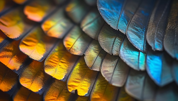 Des plumes d'oiseaux multicolores vibrantes, un motif macro abstrait, des textures de plumes exotiques avec des teintes bleu orange et jaune iridescentes, une palette artistique naturelle.