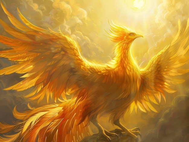 Les plumes d'or du phénix L'oiseau majestueux ressuscité des cendres Embrassé par la lumière du soleil Vignette d'heure d'or réaliste Vue en haut angle