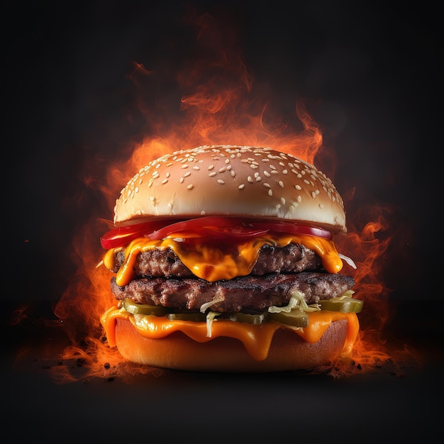 le plus délicieux énorme double burger avec des flammes