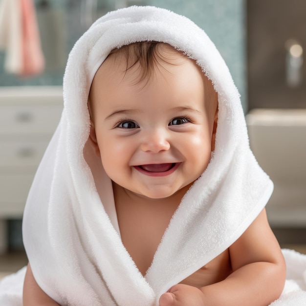 La plus mignonne petite fille qui rit dans une serviette blanche AI générative