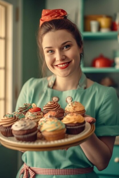 Photo plus taille jolie boulanger femme avec des cupcakes coloré style rétro belle femme ai généré