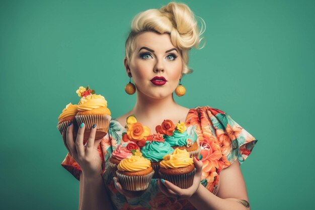Photo plus taille jolie boulanger femme avec des cupcakes coloré style rétro belle femme ai généré
