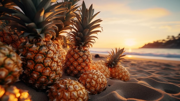 Plusieurs ananas sont sur le sable de la plage au coucher du soleil.