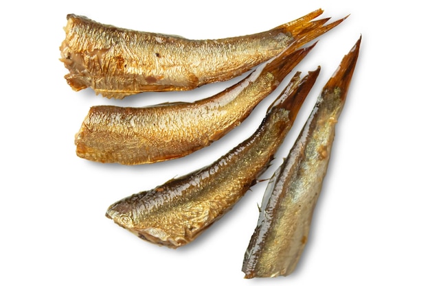 Plusieurs anchois de poisson fumé isolés sur fond blanc Vue de dessus de poisson en conserve