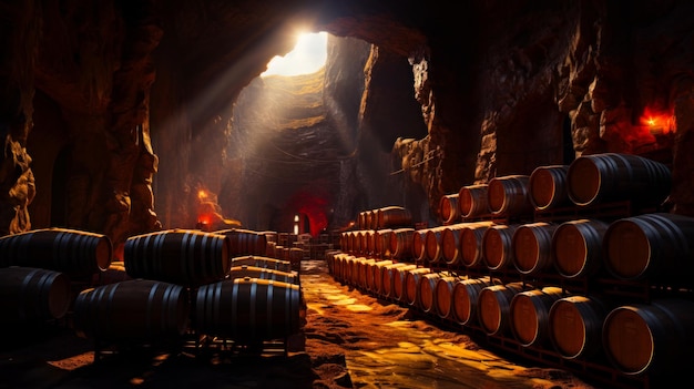 Plusieurs barils en bois avec de l'alcool dans le sous-sol de la grotte La lumière du soleil provenant d'un trou dans la roche