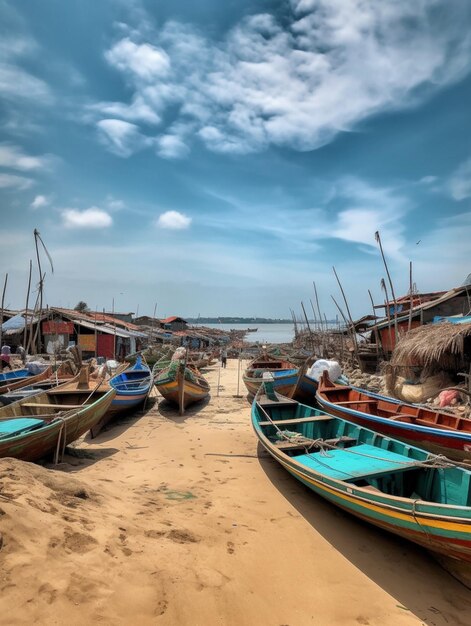 Plusieurs bateaux sont alignés sur la plage près d'une cabane générative ai