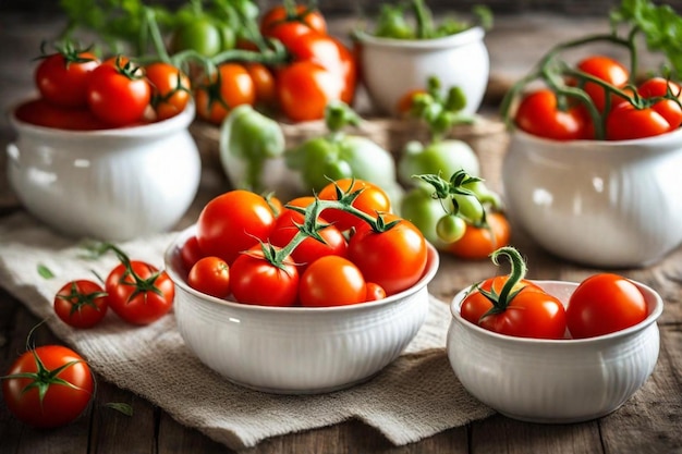 plusieurs bols de tomates sont sur une table en bois, y compris des tomates et de la laitue