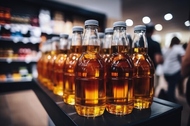 Plusieurs bouteilles de jus de pomme frais sur une étagère d'un magasin Commerce et santé