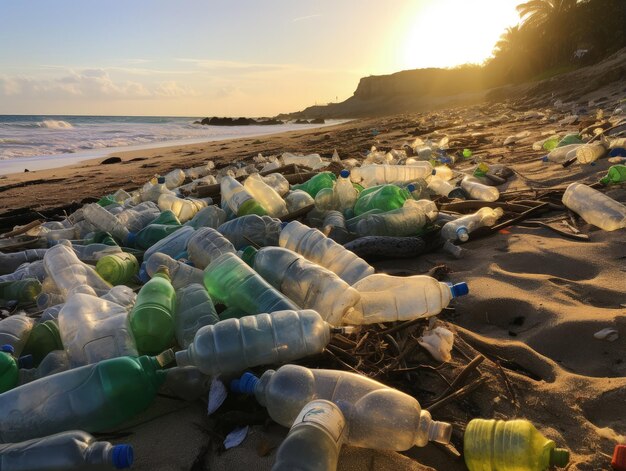 Plusieurs bouteilles en plastique sur la plage de sable pollution de l'environnement IA générative