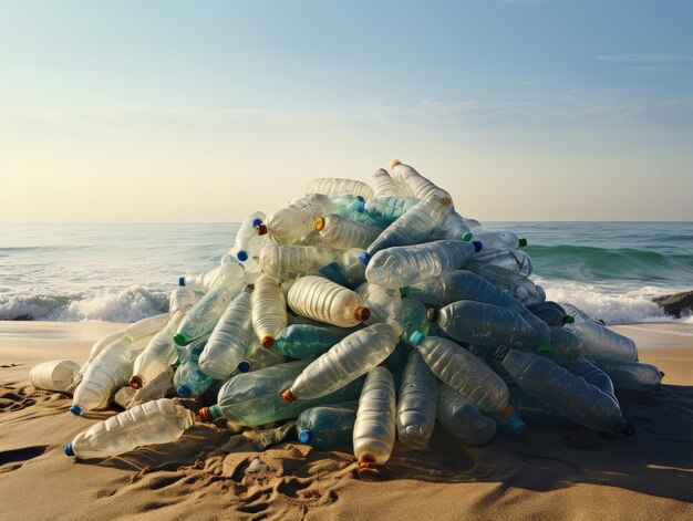 Plusieurs bouteilles en plastique sur la plage de sable pollution de l'environnement IA générative