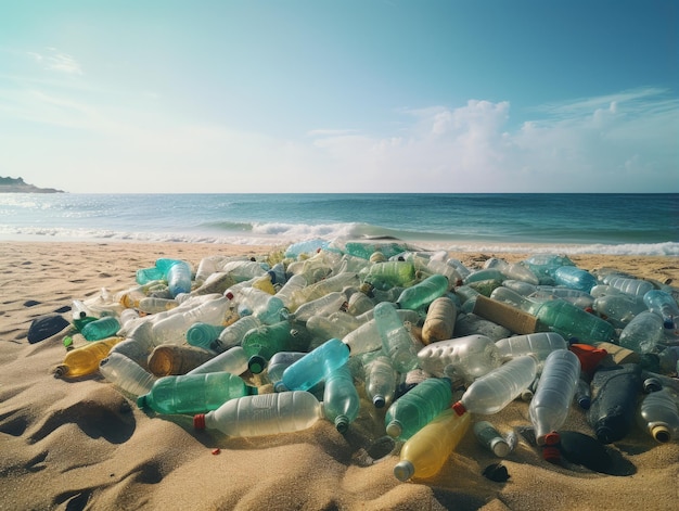 Plusieurs bouteilles en plastique sur la plage de sable pollution de l'environnement IA générative
