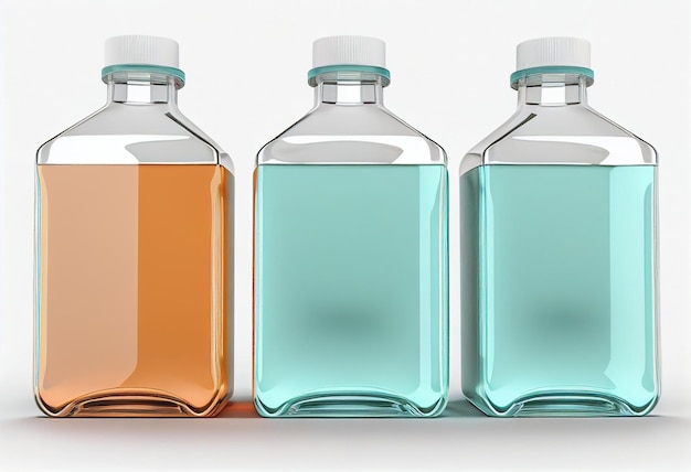 Plusieurs bouteilles de verre médical avec un liquide multicolore sur un fond blanc