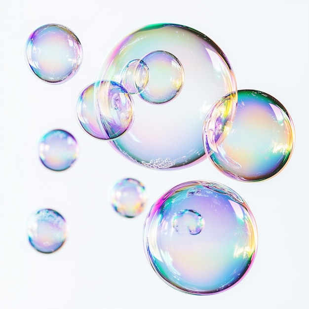 Plusieurs bulles de savon iridescentes sur un fond blanc