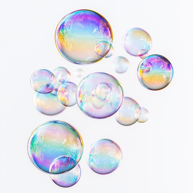 Plusieurs bulles de savon iridescentes sur un fond blanc