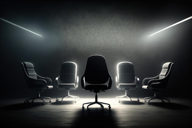 Plusieurs chaises de bureau dans une pièce sombre sont éclairées par des faisceaux de lumière volumétrique de studio Le concept de leadership de travail d'équipe succès poste vacant AI généré