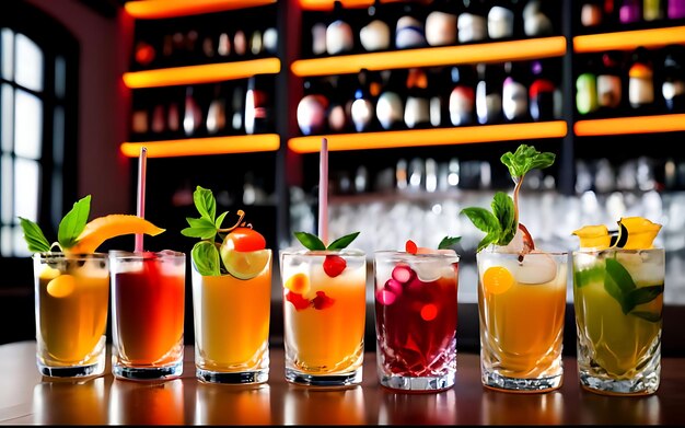 Plusieurs cocktails alcoolisés sur le bar