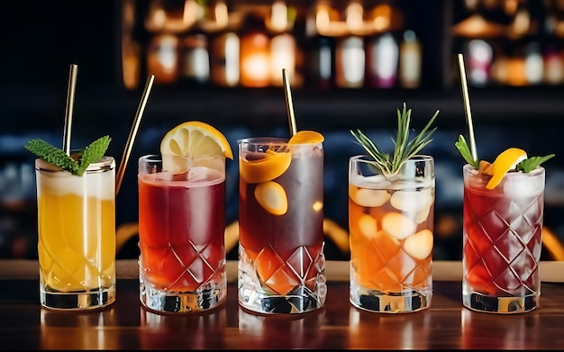 Plusieurs cocktails alcoolisés sur le bar