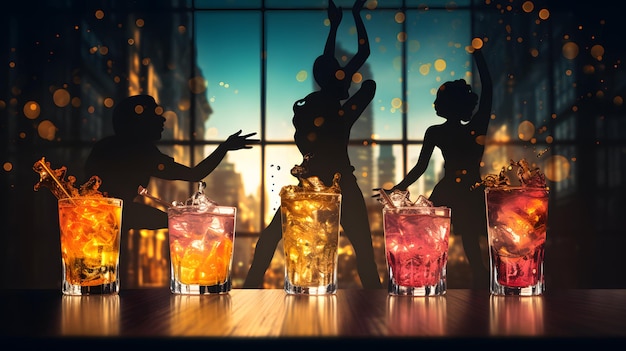 plusieurs cocktails de couleurs différentes sont alignés sur une table Generative AI