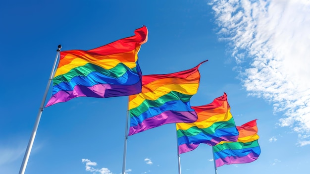 Plusieurs drapeaux arc-en-ciel vibrants agitant contre un ciel bleu avec des nuages Parade de la fierté