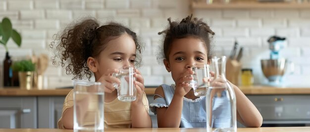 Plusieurs enfants multicolores s'assoient à la table de la cuisine et ont soif de boire de l'eau propre, naturelle ou minérale.