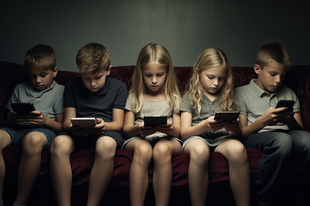 Plusieurs enfants sont assis enterrés dans leurs smartphones et s'ignorent les uns les autres.