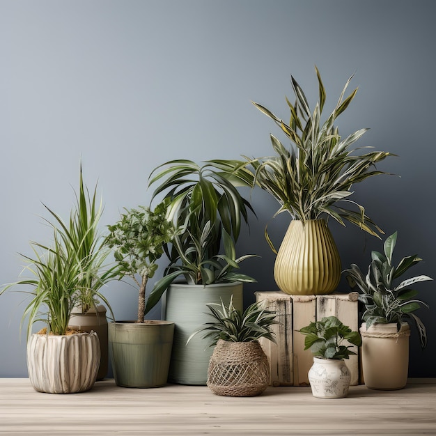 Plusieurs fausses plantes diverses en pots sur une table en bois blanc près d'un mur gris