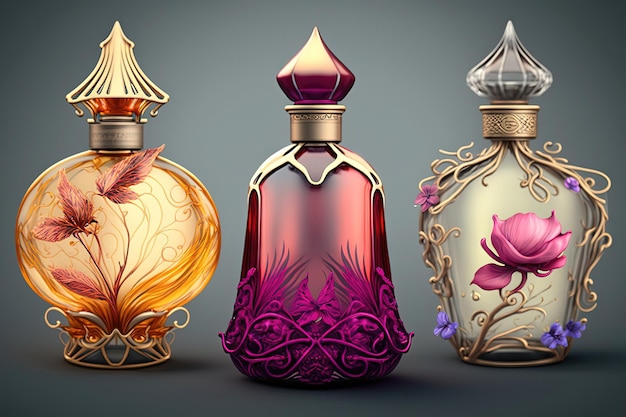 Plusieurs flacons de parfum avec des motifs complexes et un bel emballage Chaque flacon a une forme et une palette de couleurs uniques, certains présentant des motifs floraux ou des accents métalliques AI générative
