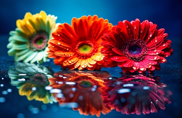 plusieurs fleurs de gerbera colorées sont représentées assises sur une surface bleue