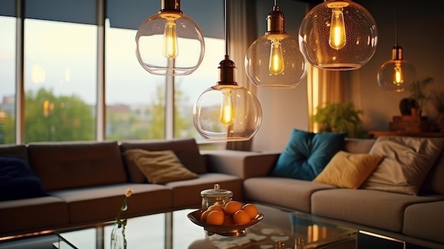 Photo plusieurs lampes pendantes en forme de globe de verre avec des lampes edison au-dessus d'un canapé dans un salon confortable design d'intérieur moderne élégant avec un accent sur l'éclairage rendering 3d mockup