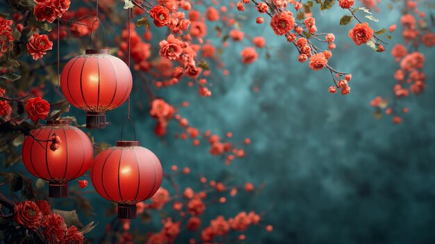 Plusieurs lanternes accrochées à un cerisier aux fleurs rouges Image de fond pour les célébrations du Nouvel An chinois