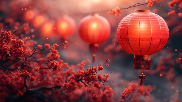 Plusieurs lanternes accrochées à un cerisier aux fleurs rouges Image de fond pour les célébrations du Nouvel An chinois