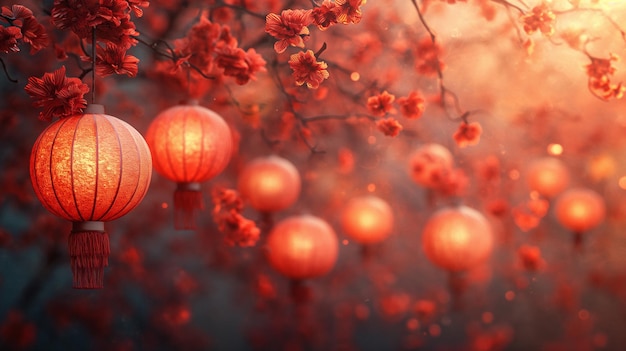 Plusieurs lanternes accrochées à un cerisier aux fleurs rouges Image de fond pour les célébrations du Nouvel An chinois