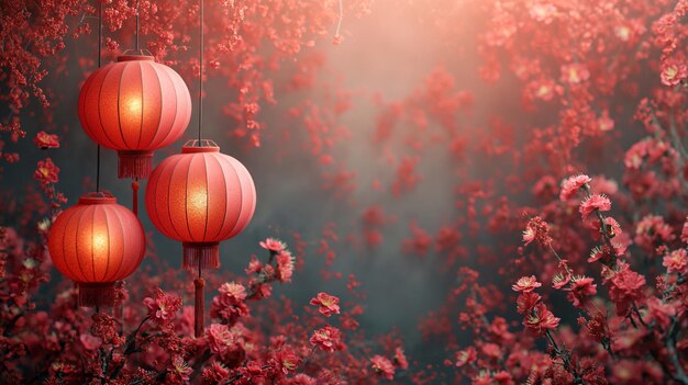 Plusieurs lanternes accrochées à un cerisier aux fleurs rouges Image de fond pour les célébrations du Nouvel An chinois