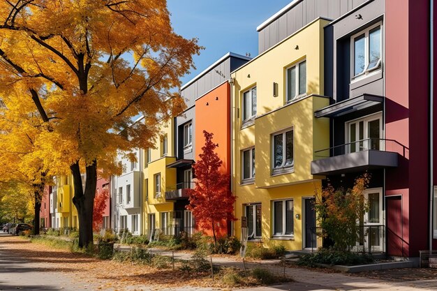 Plusieurs maisons colorées dans une rangée Plusieurs maisons multicolores identiques dans la banlieue Condominium pour une petite famille avec un revenu moyen Paysage d'automne