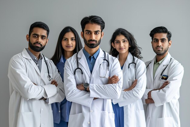 Plusieurs médecins indiens sont positionnés face à la caméra tout en tenant leurs mains pliées.