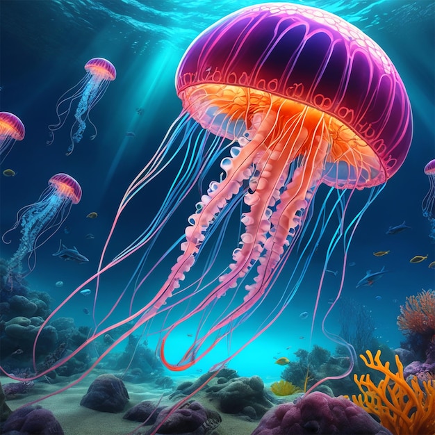 Plusieurs méduses extraterrestres flottant dans un océan fantastique science-fiction fantastique dramatique dieu de l'éclairage