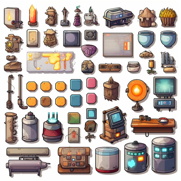 Plusieurs objets 2D feuille de sprite RPG objets pixel art